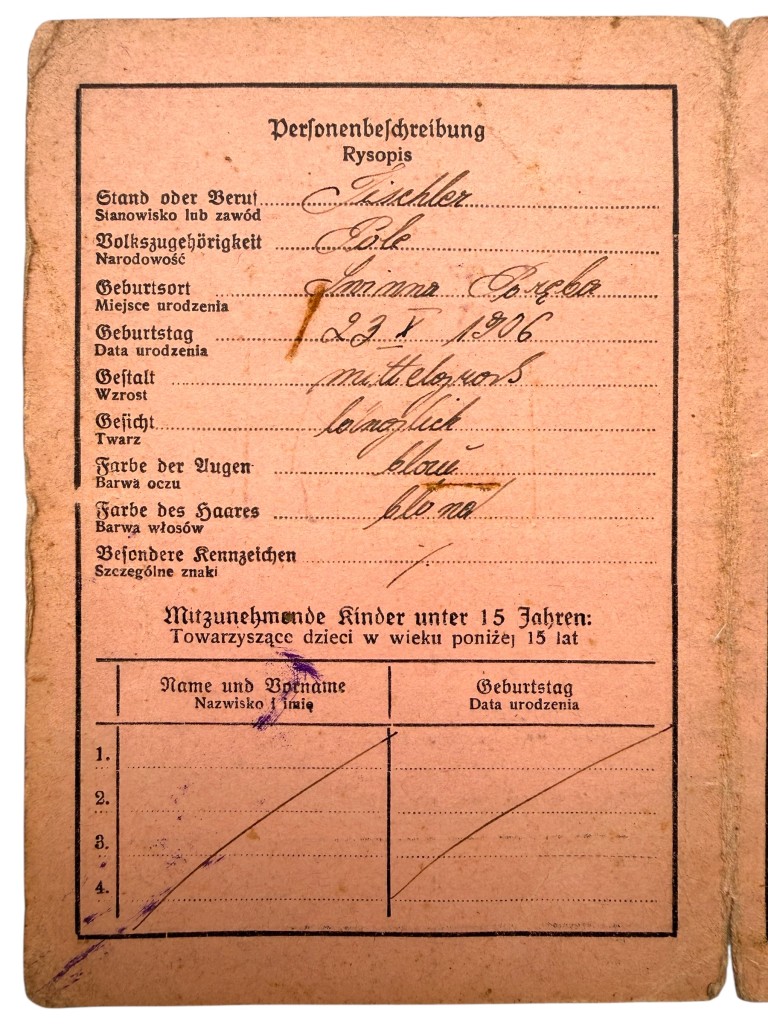 Original WWII German - Polish Grenzausweis / Grenzübertrittsausweis 1940