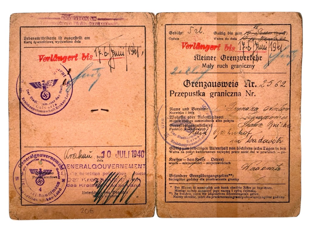 Original WWII German - Polish Grenzausweis / Grenzübertrittsausweis 1940