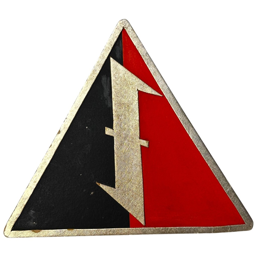 Original Dutch WWII NSB W.A. cardboard window hanger, triangular occupation propaganda sign with red black design and publisher label – rare collaboration era collectible.