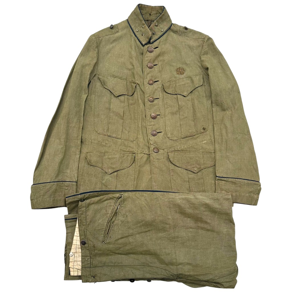 Origineel Nederlands leger zomeruniform jaren 20 kapitein infanterie jas en broek Hogere Krijgsschool embleem Deventer productie