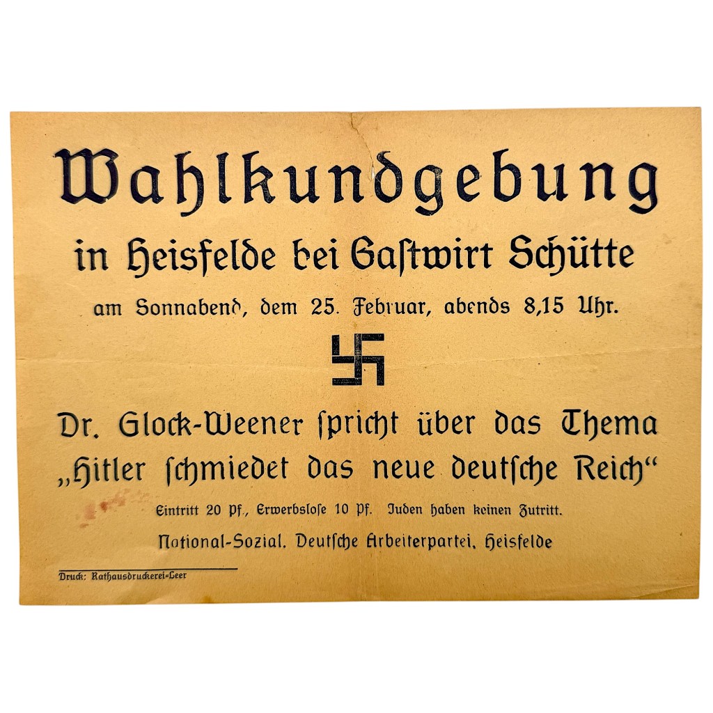 Original German NSDAP Wahlkundgebung flyer 1920s Heisfelde Hitler propaganda rare collectible