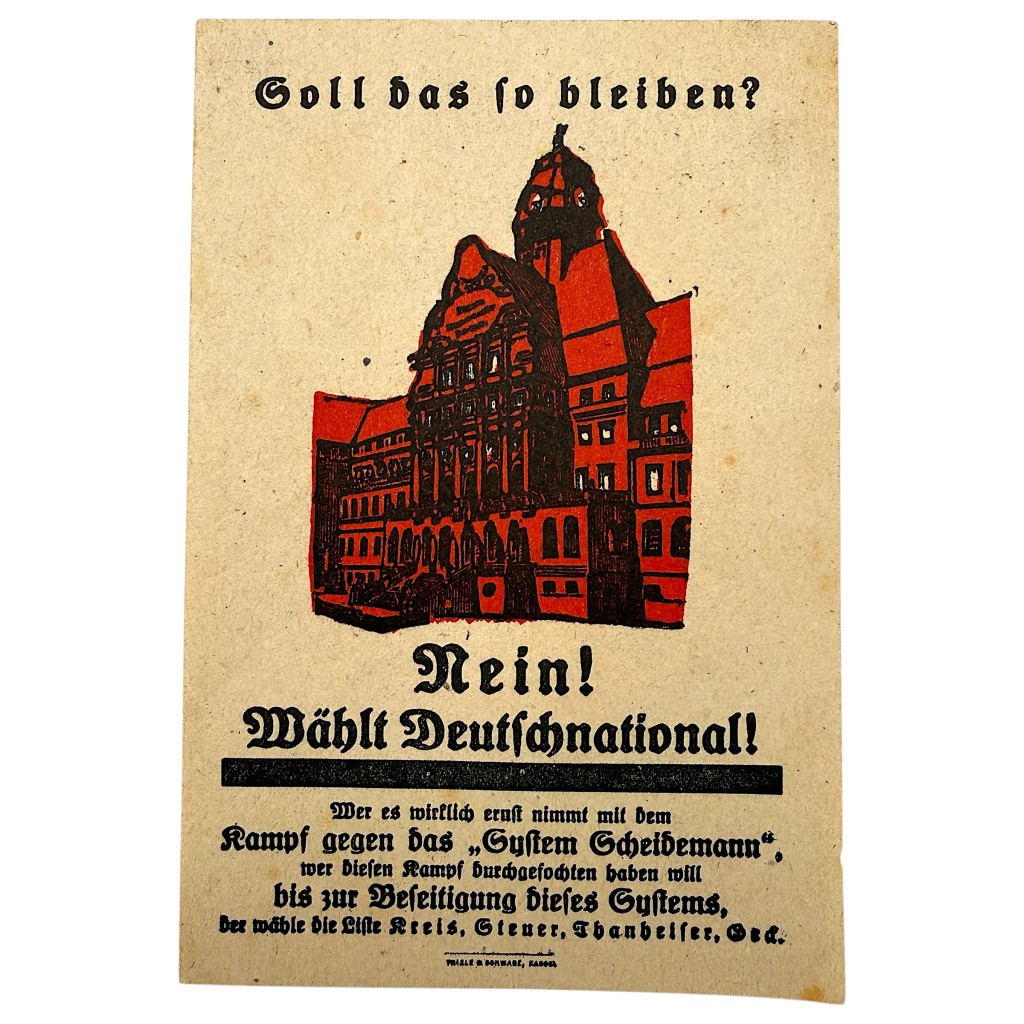 Original DNVP flyer 1920s Germany political propaganda Deutschnationale Volkspartei Reichstag Weimar election leaflet collectible.