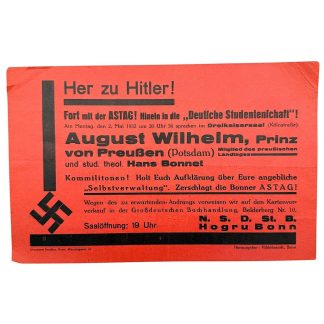 Original German NSDAP flyer 1932 Adolf Hitler Bonn Dreikaisersaal propaganda rare collectible.