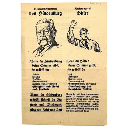Heatler German Original 1932 German elections Hindenburg and Adolf Hitler flyer ...