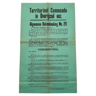 Originele WW1 Nederlandse poster Territorial Commando Overijssel Zwolle 1915 bekendmaking No 26 groene affiche verzamelobject