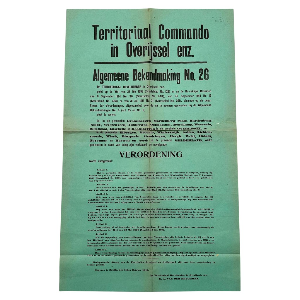 Originele WW1 Nederlandse poster Territorial Commando Overijssel Zwolle 1915 bekendmaking No 26 groene affiche verzamelobject