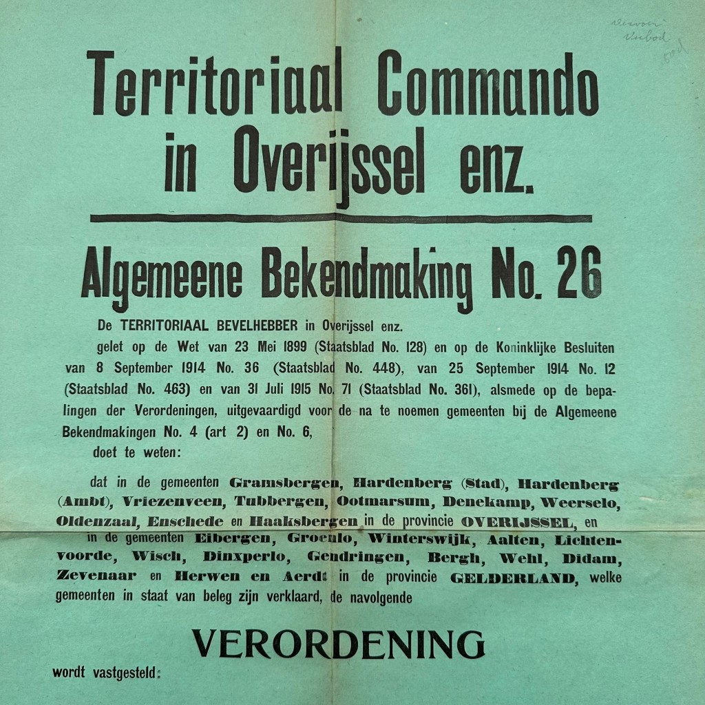 Originele WW1 Nederlandse poster Territorial Commando Overijssel Zwolle 1915 bekendmaking No 26 groene affiche verzamelobject