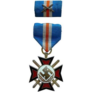 Original WWII Dutch NSB Mussert Cross (Mussertkruis) medal with ribbon and matching ribbon bar, featuring black and red enamel cross, central NSB symbol, and crossed swords – rare World War II Netherlands collaborationist decoration highly sought after by advanced militaria collectors.