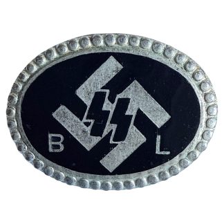 Original WWII Dutch SS “Begunstigde Leden (BL)” enamel membership pin, featuring black oval enamel, SS runes, and silver beaded border – rare Netherlands SS supporter badge highly desirable for advanced WWII militaria collectors.
