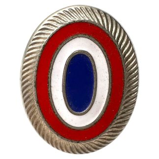 Original Dutch Schalkhaar Staatspolitie cockade WWII, red-white-blue enamel police cap badge with metal twisted border and prongs – rare Netherlands occupation era militaria collectible for advanced collectors.