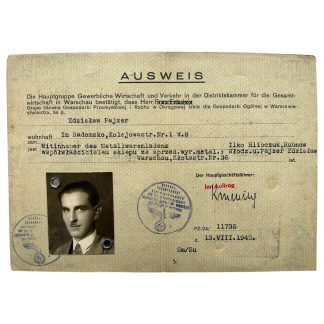 Original German Ausweis occupied Poland 1942 Warsaw Zdzisław Pajzer Radomsko WWII identification document with stamps and photo