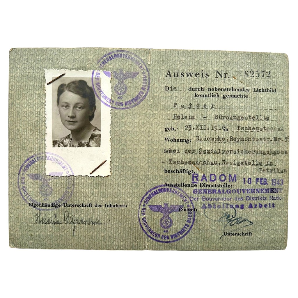 Original German Ausweis Helena Pajzer 1943 Radom General Government Poland WWII ID document with photo and stamps