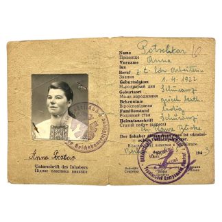 Original German Ausweis Anna Potschtar 1943 occupied Poland Ukrainian Relief Committee document with photo stamps WWII