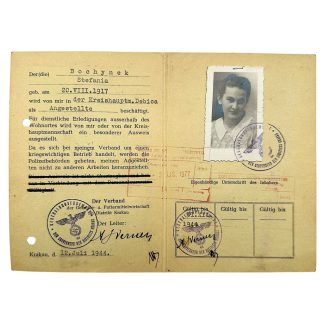 Original WWII German Ausweis occupied Poland - Debica and Krakow in 1944 - militaria