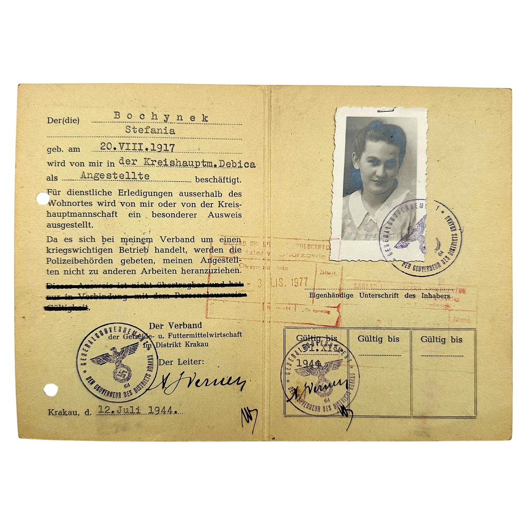Original WWII German Ausweis occupied Poland - Debica and Krakow in 1944 - militaria