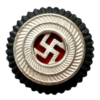 Original WWII German NSDAP visor cap cockade, swastika party badge with silver wreath and black backing – authentic Third Reich cap insignia for advanced militaria collectors.
