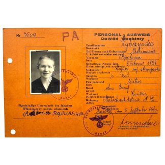 Original 1940 German-Polish Personal Ausweis (Dowód osobisty) identity document issued in Końskie, Poland during the Nazi occupation, featuring original passport photograph, handwritten personal details, Reich eagle and swastika official stamps, mayor’s signature, and serial number – authentic World War II ID card collectible for militaria and WWII document collectors.