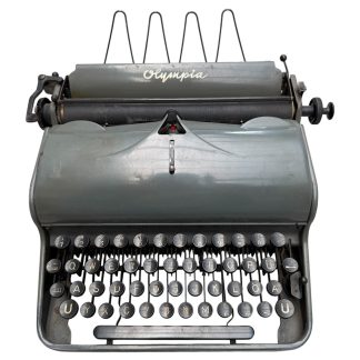 Original WWII German SS Olympia typewriter in grey-green finish with SS rune key and QWERTZ keyboard – rare Third Reich office machine highly sought after by advanced SS and WWII militaria collectors.
