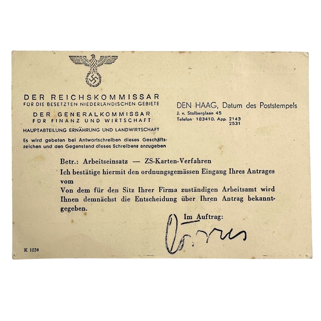 Original WWII German document Reichskommissar für die besetzten niederländischen Gebiete Den Haag