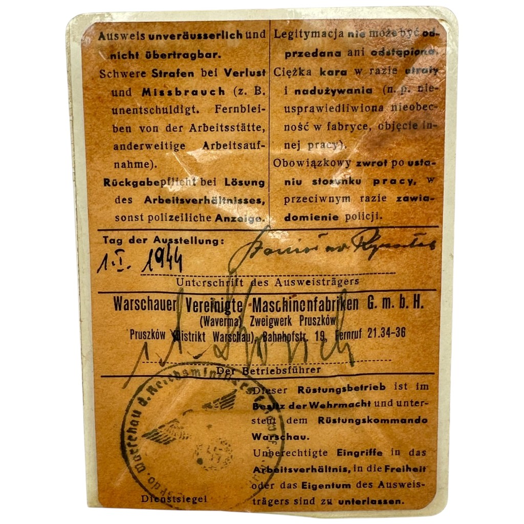 Original WWII German-Polish Werk-Ausweis Warschauer Vereinigte Maschinenfabriken G.m.b.H. (Wavema) in Warschau in Poland 1944 - Image 4