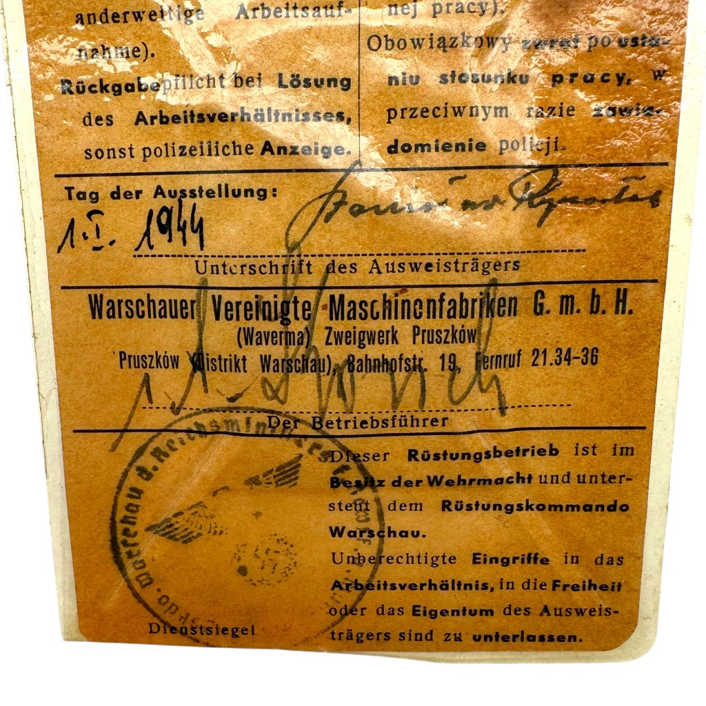 Original WWII German-Polish Werk-Ausweis Warschauer Vereinigte Maschinenfabriken G.m.b.H. (Wavema) in Warschau in Poland 1944 - Image 5