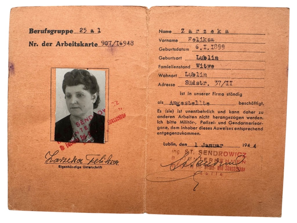 Original WWII German Arbeitsausweis and Bescheinigung Bauunternehmung Ing. St. Sendrowicz in Lublin in Poland 1944