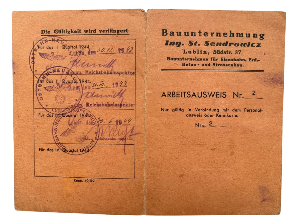 Original WWII German Arbeitsausweis and Bescheinigung Bauunternehmung Ing. St. Sendrowicz in Lublin in Poland 1944