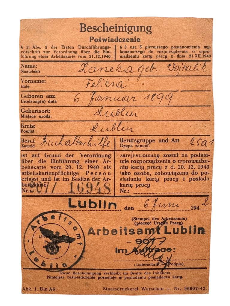 Original WWII German Arbeitsausweis and Bescheinigung Bauunternehmung Ing. St. Sendrowicz in Lublin in Poland 1944