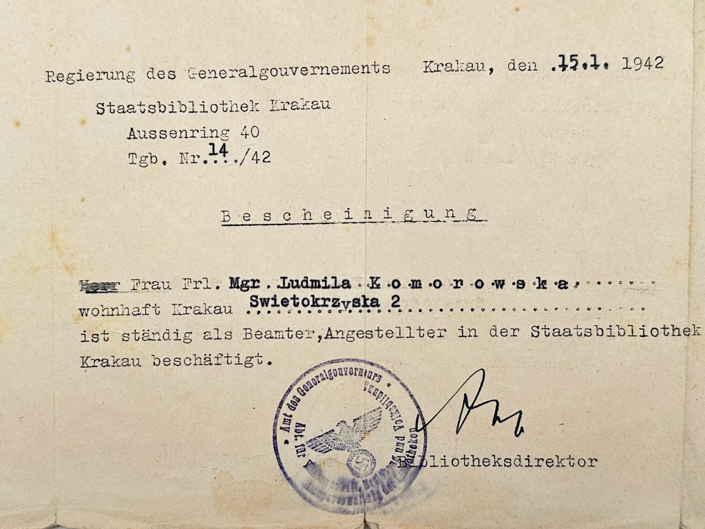 Original WWII German Bescheinigung Staatsbibliothek Krakau in Poland