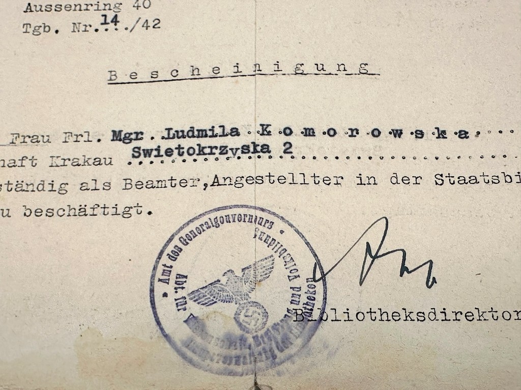 Original WWII German Bescheinigung Staatsbibliothek Krakau in Poland