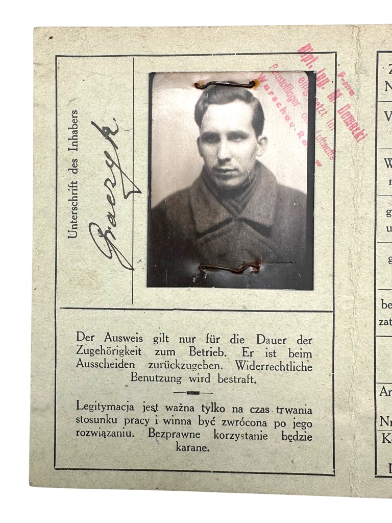Original WWII German Betriebs-Ausweis Baustofflager Luftwaffe in Warsaw in Poland 1944 - Image 3