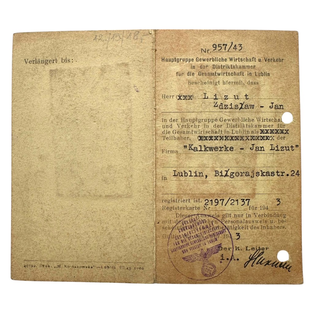 Original WWII German Ausweis Hauptgruppe Gewerbliche Wirtschaft und Verkehr in Lublin in Poland 1943
