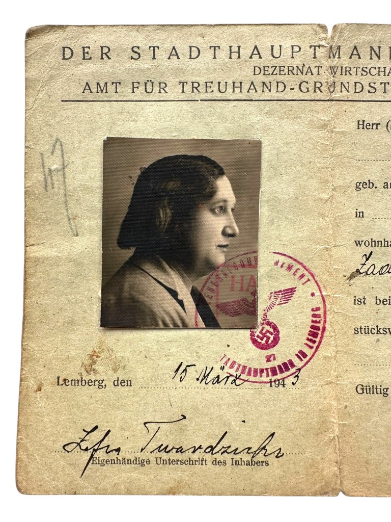 Original WWII German Ausweis Amt für Treuhand-Grundstücksverwaltung in Lemberg in Poland 1943