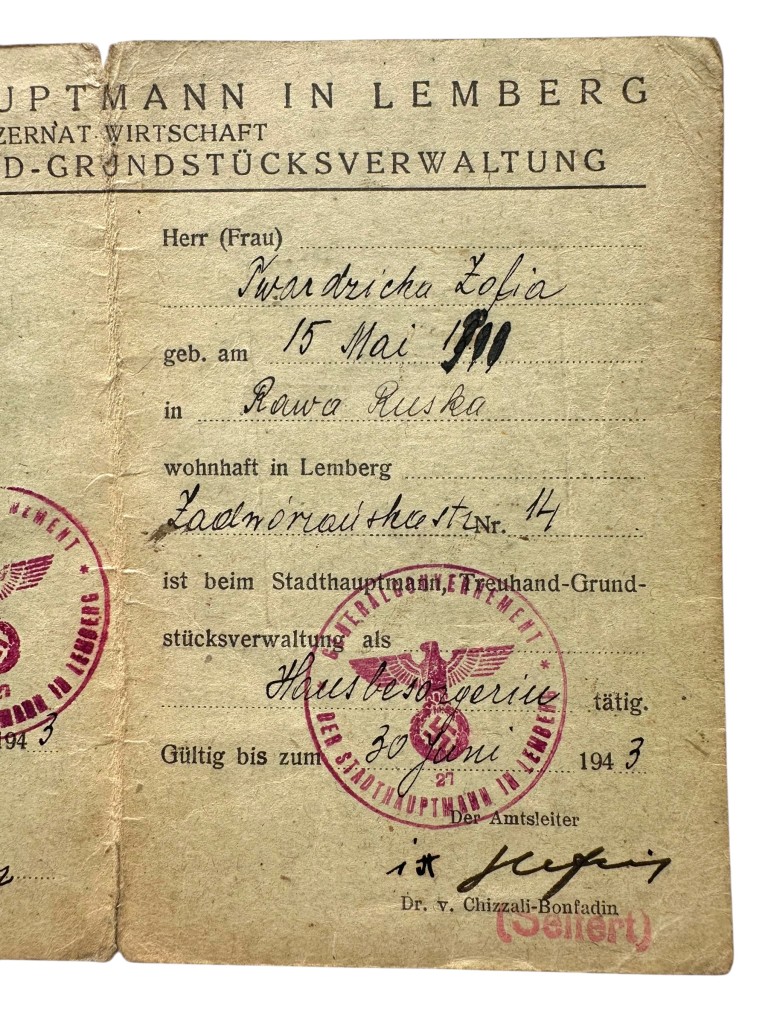 Original WWII German Ausweis Amt für Treuhand-Grundstücksverwaltung in Lemberg in Poland 1943