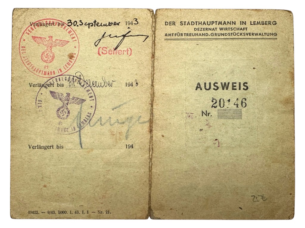 Original WWII German Ausweis Amt für Treuhand-Grundstücksverwaltung in Lemberg in Poland 1943
