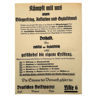 Original Deutsche Volkspartei DVP election poster 1923 1924 Germany Weimar Republic political propaganda list 6 historical collectible.
