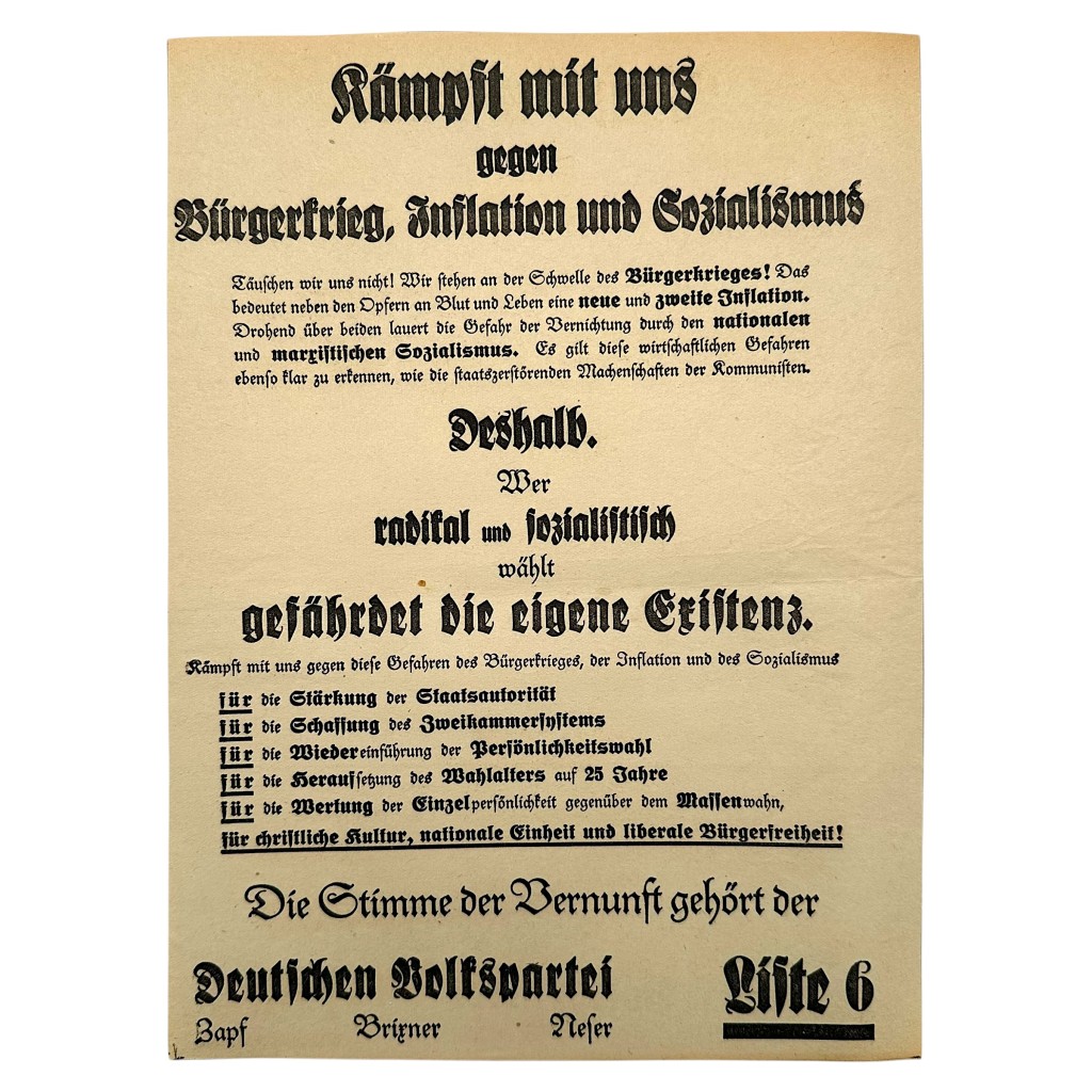 Original Deutsche Volkspartei DVP election poster 1923 1924 Germany Weimar Republic political propaganda list 6 historical collectible.