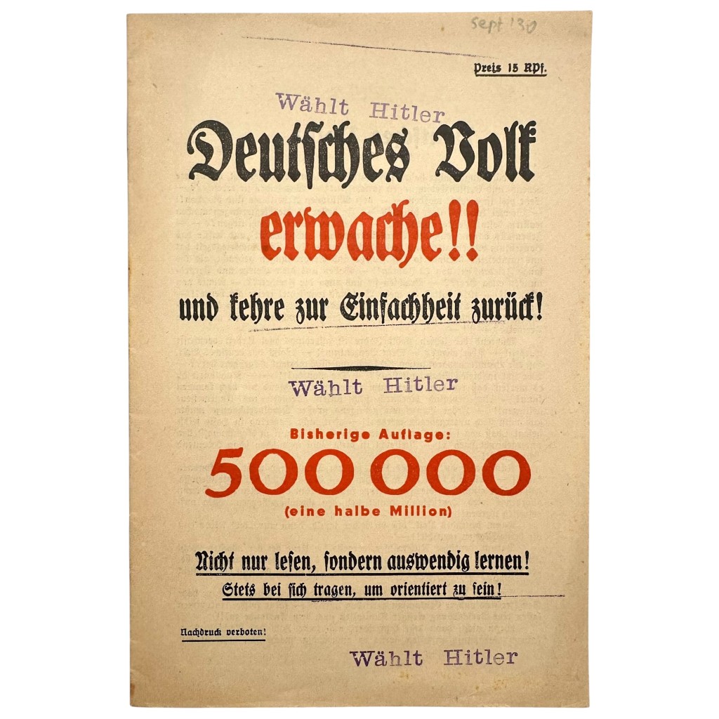 Original 1930 German NSDAP early propaganda brochure 'Wählt Hitler Deutsches Volk erwache'
