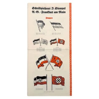 Original 1930s NSDAP advertising leaflet Germany Schriftgiesserei Stempel Frankfurt propaganda folder with symbols, pins, flags and ornaments
