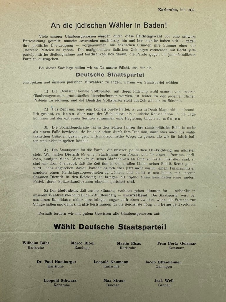 Original 1932 German Jewish election flyer Deutsche Staatspartei in Baden