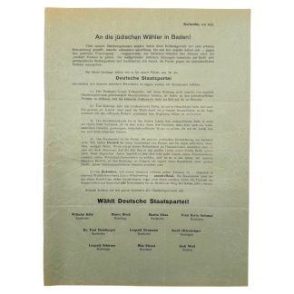Original German election flyer 1932 Karlsruhe Jewish voters Deutsche Staatspartei Weimar Republic political document.