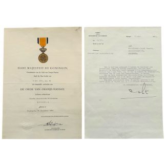 Originele 1961 Orde van Oranje Nassau oorkonde Nijmegen Jacoba Engels koninklijke onderscheiding Nederland met brief burgemeester.