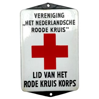 Origineel Nederlands geëmailleerd Rode Kruis bord pre 1940 Het Nederlandsche Roode Kruis lid korps emaille verzamelobject 16 x 10 cm