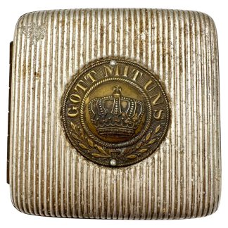 Original German WW1 cigarette case Gott Mit Uns belt buckle emblem crown metal military personal item First World War collectible.