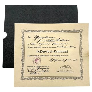 Original WW1 German army promotion document 1915 Feldwebel Leutnant certificate with cover stamp signature.