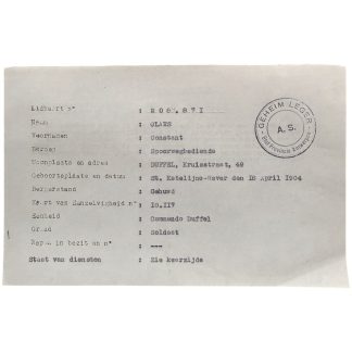 Origineel WWII Belgisch verzet document Armée Secrète Geheim Leger Duffel Claes Constant 1945 stempel Staf Antwerpen spoorweg inlichtingen