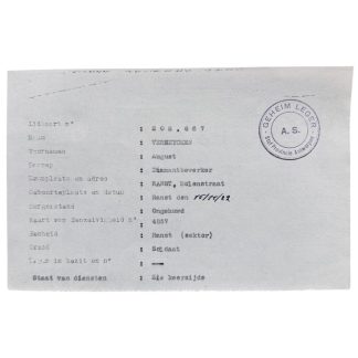 Origineel WWII Belgisch verzet document Armée Secrète Geheim Leger Ranst Verheycken August 1945 stempel Staf Antwerpen soldaat lidkaart.