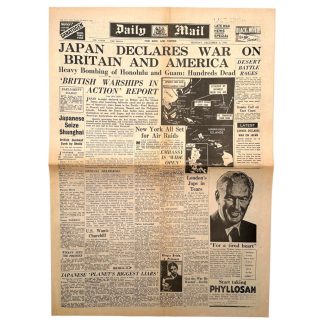 Original Daily Mail newspaper December 8 1941 Pearl Harbor Japan declares war WWII historic newspaper for collectors.