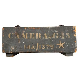 Original RAF G45 gun camera WWII Williamson London with wooden box 14A 1389 14A 1598 aviation military collectible.