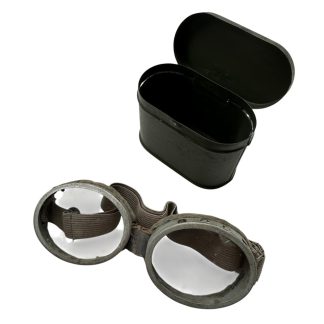 Original British WWII dust goggles with metal case England military or militaria collectible World War II goggles set.